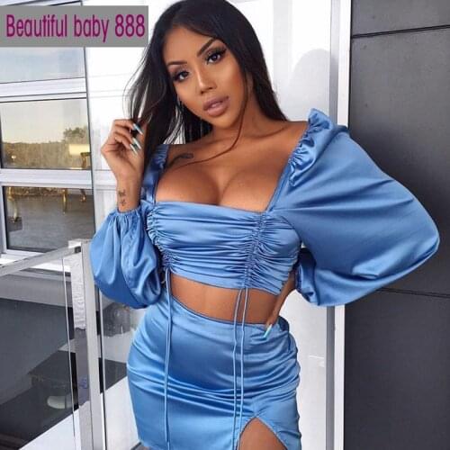 Meqeiss New Drawstring Ruched Sexy Top and Skirt Two Piece Sets Matching Set Backless Lantern Sleeve Crop Tops Summer Outfits