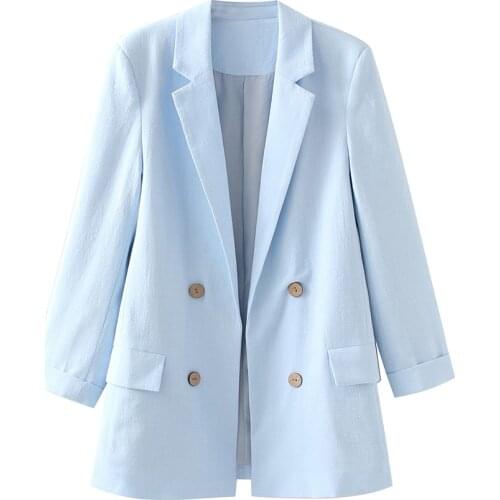 XIKOM 2021 Women Cotton linen Light blue Double Breasted Office Lady Slim Blazer Coat Female Vintage streetwear Top