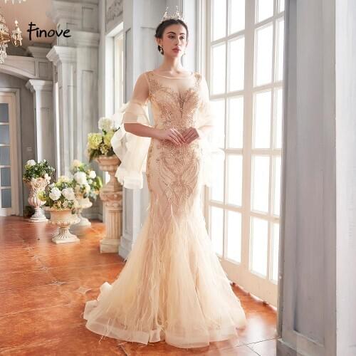 Finove 2020 Mermaid Evening Dresses Long Half Sleeves O Neck Beading Feathers Floor Length Party Dress Gowns For Women