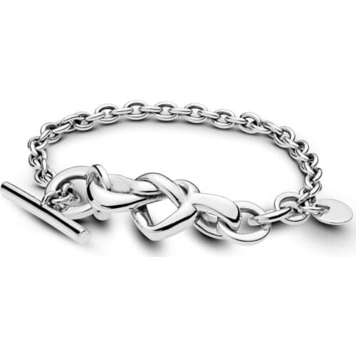100% 925 Sterling Silver Bracelet Silver Knotted Hearts T-Bar Bracelet Fit European Charms Diy Jewelry Mother Day