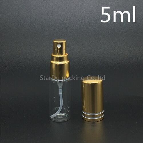 500Pcs/lot 5ml Glass Spray Bottles, 5CC Glass Perfume Bottle With gold Cap, Small Travel Packing Container
