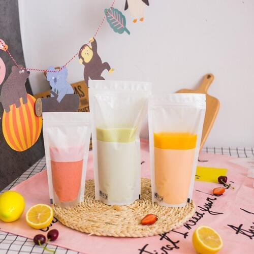 500Pcs Thick Stand Up Plastic Drink Packaging Bag Pouch for Beverage Juice Milk Coffee, High Grade Half Matte Half Clear Design