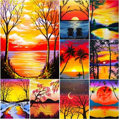 New DIY 5D Diamond Painting Autumn Scenery Diamond Embroidery Sunset Cross Stitch Scenery Full Square Round Drill Art Home Decor