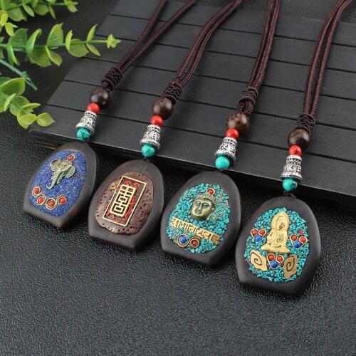 Amulet Wood Mala Beads Necklace Vintage Buddhist Pendant Charms Necklace for Men Women Statement Necklace Buddha Jewelry