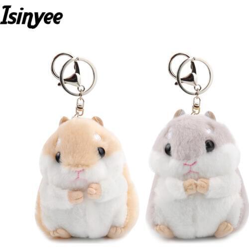 ISINYEE Cute Lovely Hamster KeyChains For Women Bag Faux Rabbit Fur Fluffy Toy Doll Key Ring Pom Pom Key Holder Trinket Jewelry