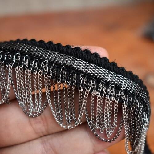 Tassel Lace Beaded Trim 5CM Width Metal Fancy Chain With Black Fabric Ribbon Tape DIY