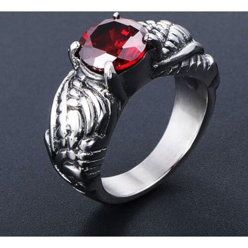 Classic Stainless Steel Red Stone Ring Vintage Silver Color Sculpture Pattern Rings for Women Men Punk Style Jewelry Wholesale
