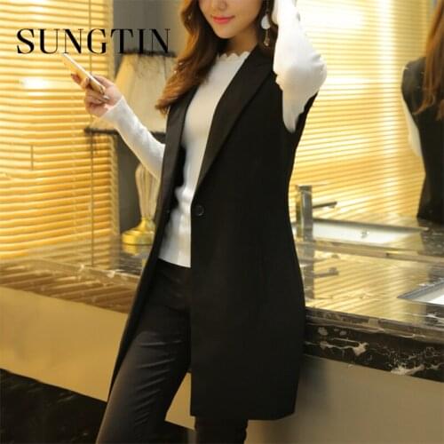 Sungtin Classic Women Long Blazer Vest Elegant Office Lady Coat Female Waistcoat Causal Suits Sleeveless Jacket Plus Size