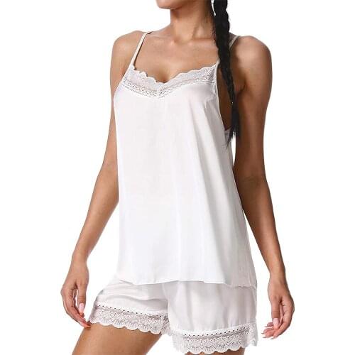 Summer Satin Silky Camisole Sleepwear 2Pcs Elegant Vintage Sexy Lace Silk Adjustable Sling Vest Pajamas Casual Nightwear PJs Set