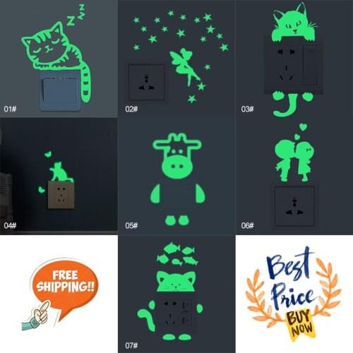 Glow in the Dark Cat Sticker Kids Room Luminous Stickers Home Decor Cartoon On-off Switch Sticker Luminous Switch Outlet Wall St