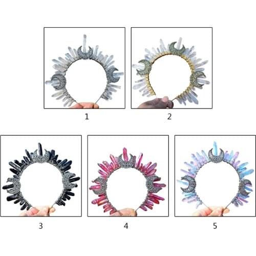 Raw Crystal Quartz Jewelry Tiara Headband Retro Metal Moon Witch Wizard Crown Wedding Bridal Sun Goddess Headdress