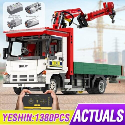 New Motorized RC Power Crane Car Remote Control Electric Lorry Truck Building Blocks Bricks High-Tech Toys For Children Gifts