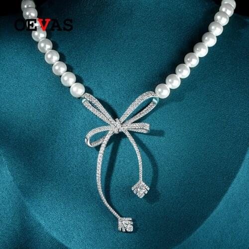 OEVAS 39+6cm 18K Gold Plated Shell beads Bowknot Pendant Necklace For Women Sparkling Wedding Party Fine Jewelry Wholesale Gift
