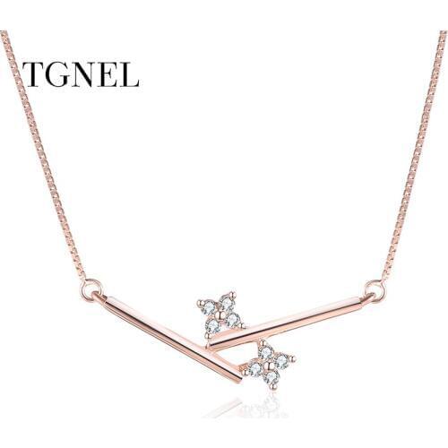 TGNEL S925 Sterling Silver Necklace Pendants Rose Gold Color Fine Jewelry Flowers CZ Jewelry for Women 925 Silver Choker