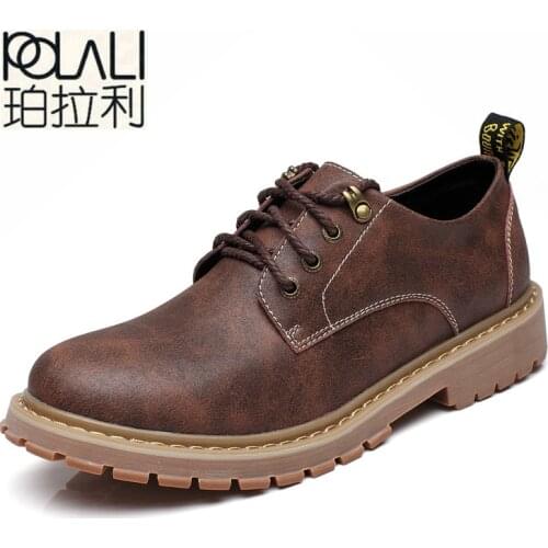 POLALI Brand Mens Casual Shoes Vantage Top Layer Leather Male Leisure Shoes Man Walking and Working Flat Plus Size:38-47
