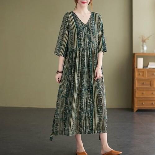 Half Sleeve Thin Soft Cotton Linen Loose Cozy Summer Dress Print striped Slim Waist Vintage Dress Women Casual Midi Dress