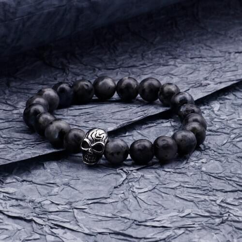 Simple and versatile mens handmade beaded bracelet elastic rope white stone titanium steel skull bracelet