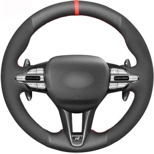Hand-stitched Black Suede Artificial Leather Car Steering Wheel Cover For Hyundai i30 N 2018 2019 2020 Veloster N 2019 2020 2021