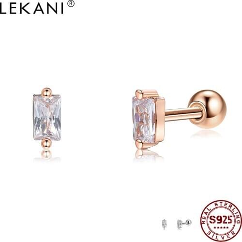 LEKANI 925 Sterling Silver Stud Earrings For Women Square Shape Gold Color Clear Cubic Zirconia Small Earring Party Fine Jewelry