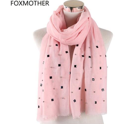 New Design Womens Plain scarfs With bead diamond studs pearls scarves shawl Pear Wrap solid color muslim hijab scarf Women