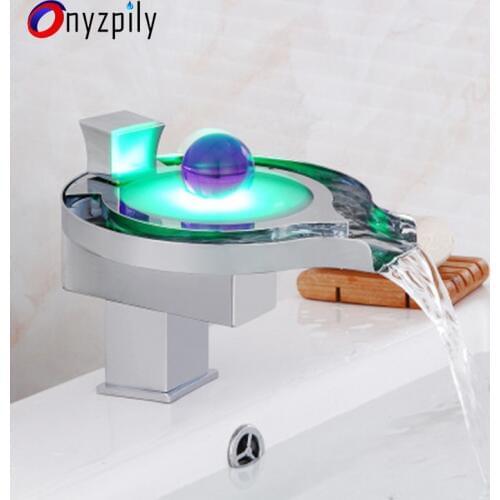 Onyzpily Bathroom Sink Faucet LED Waterfall Spout Mixer Tap With Cover Plate Deck Mounted Hot&Cold Water Bathroom Basin Faucet