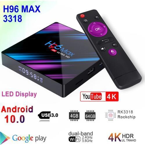H96 MAX 3318 Android 10 Smart TV Box Rockchip RK3318 4GB RAM 64GB ROM BT4.0 USB3.0 2.4G/5G Dual WIFI 3D 4K HDR Set Top Box
