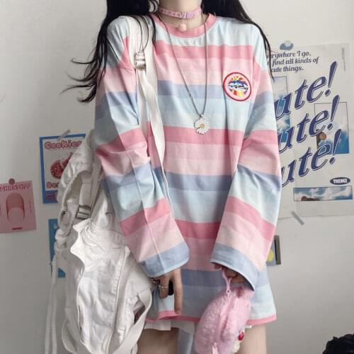 2021 New Spring Women T-shirt Long sleeve Loose Harajuku Sweet Cute Color stripes Thin female tops pullovers Causal
