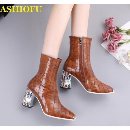 ASHIOFU Handmade Newest Retro Womens Boots Crystal Chunky Heels Sexy Party Prom Ankle Booties Large Size Evening Fashion Boots