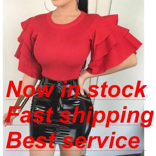 Women Summer Fashion Ruffle O Neck Short Sleeve Loose Chiffon Shirts Casual Pullover Tops