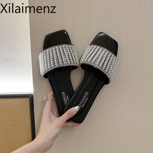 Women Slippers Summer Rhinestone White Flat Shoes Elegant Pearl External Wear 2021 Summer New Sandy Beach Sandals Women Shoes