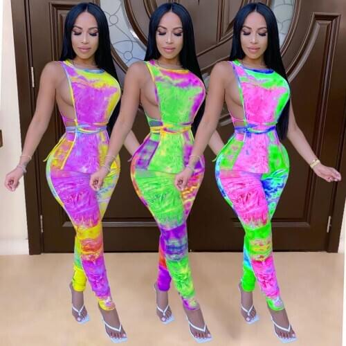 Tie Dye Print Women Tracksuit Sleeveless Lace Up Cut Out Crop Tee Tops +Jogger Sweatpant Two Pieces Set Matching Set