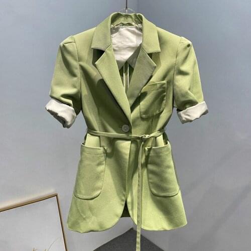 Lace Up Coat For Women Notched Collar Short Sleeve High Waist Tunic Pockets Green Casual Coats Female 2020 Fashion New Style