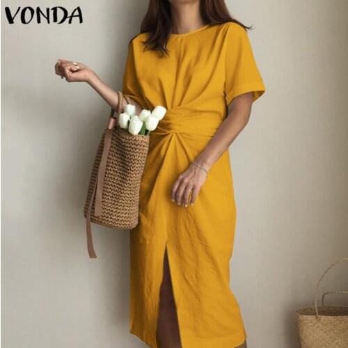 Women Casual Dress 2021 VONDA Short Sleeve Front Slit Bowknot Dresses Holiday Beach Sundress Femme Party Robe Oversized