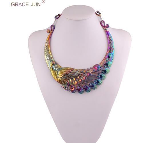 GRACE JUN Vintage National Wind Exaggerated Ethnic Carved Colorful Peacock Shape Chunky Collar Choker Necklace Costume Jewelry