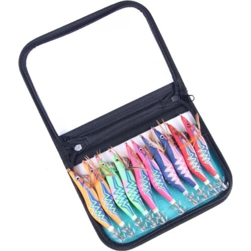 10PCS 12g 15g 20g Squid Bait Hook Wooden Shrimp Jig Fishing Lures Hooks Wood Artificial Luminous Jigging Lure With Tackle Bag