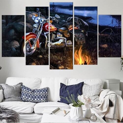 5 Pieces Wall Art Canvas Painting Motorcycle Poster Bonfire Lake Modular Pictures Modern Home Decoration Living Room Framework