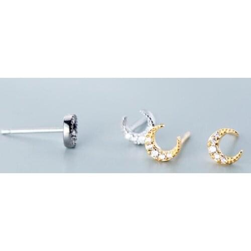 925 Sterling Silver Tiny Moon CZ Stud Earrings For Women Jewelry A1140