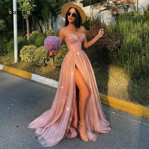 Sparkly Tulle Puffy Elegant Evening Dress A-Line Sweetheart High Split Cocktail Formal Party Gown Prom Dress 2021 Bbonlinedress