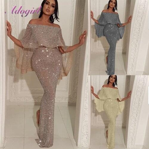 Elegant Sequin Off Shoulde Ruffles Sleeve Evening Party Club Maxi Long Dress Women Sexy Strapless Backless Floor Length Dresses