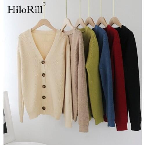 HiloRill 2021 Elegant V Neck Solid Cardigan Women Autumn Winter Casual Knitted Sweater Female Long Sleeve Single Breasted Coat