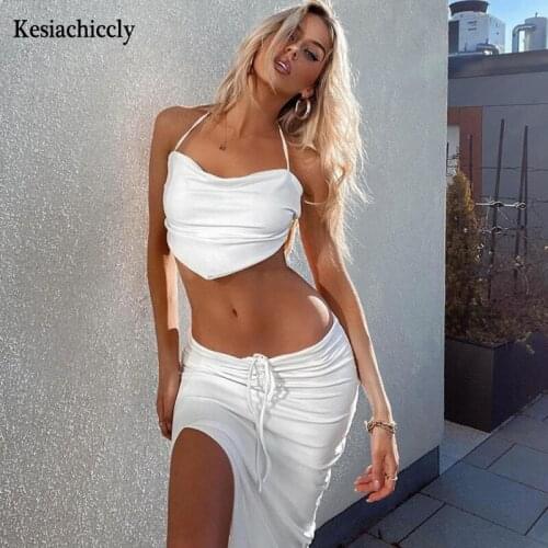 Kesiachiccly Elegant summer solid backless slim dress women halter high waist dress sleeveless high split Sexy long dresses chic