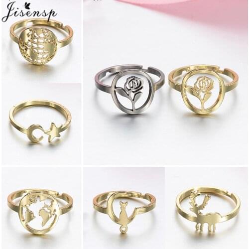 Simple Stainless Steel Rings for Women Trendy Flower Map Deer Cat Adjustable Ring Party Jewelry Accessories Bagues Pour Femme