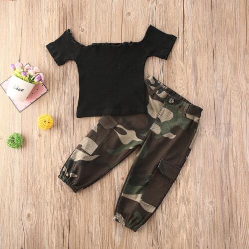 1-6Y Fashion Infant Baby Girls Clothes Sets Summer Off Shoulder T Shirts Tops+Camouflage Pants 2pcs Childrens Sets