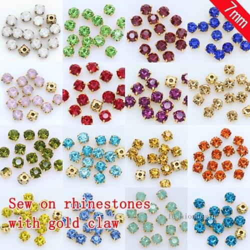 36p 7mm Sew on Round faceted crystal glass Rhinestones jewels Gold Base Montees 4hole Sewing Stones DIY wedding dress dance wear