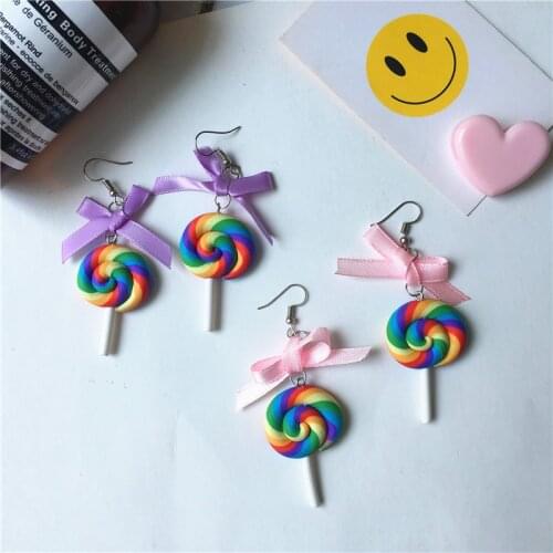 Fashion Sweet Bowknot Candy Drop Earrings For Girl Resin 4 Style Rainbow Sugar Cotton Candy Lollipop Food Earrings Jewelry Gifts