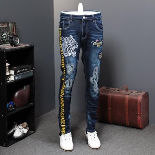 Fashion Mens Casual Jeans Pencil Pants Tiger Embroidery Pattern Long Denim Blue Trousers J65