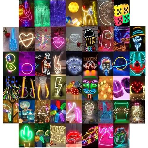 50Pcs Neon Light Photo Series Set for Wall Collage Apply To Bar Cafe Wall Stickers Room Decor To Heighten The Atmosphere Props