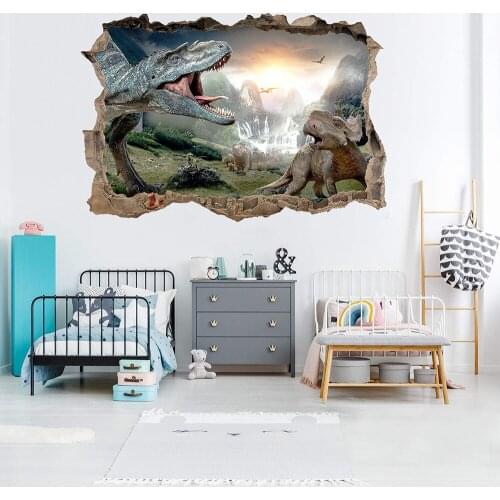 New 3D wall broken Dinosaur kingdom bedroom living room childrens room wall sticker decoration