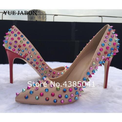 YUE JABON New Patent leather Shoes Women Pointed Toe Thin High Heels Colorful Sexy Rivets Spike Pumps Studded Heels Size 35-43