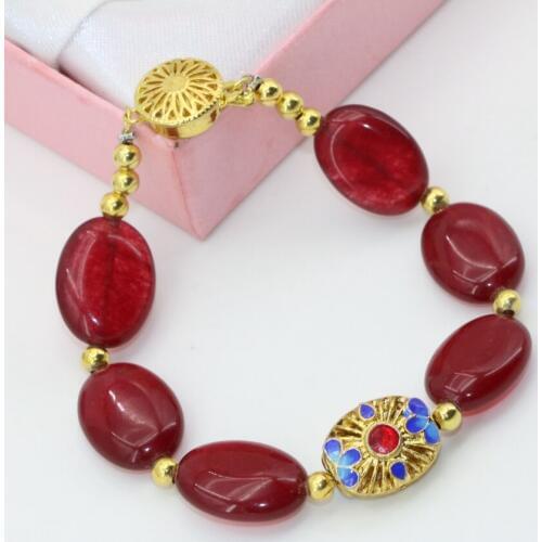 Wholesale price fashion 13*18mm cloisonne spacers beads red jades chalcedony stone oval strand bracelets jewelry 7.5inch B2727
